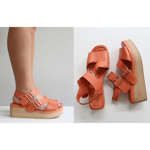 DNA Peach Leather Platform Sandals ~ Women's 8 to 8-1/2 (8.5) ~ Thick Tall Sole - Picture 1 of 8